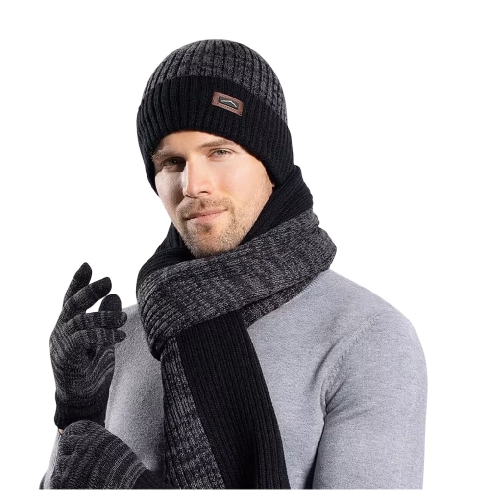 Unisex Winter Cozy BLACK 3pc Set Long Scarf Touchscreen‎ Gloves Beanie Hat Cap